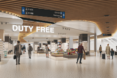 Rendering of Central Terminal Redevelopment project, including a modern Duty Free store and passengers walking in the terminal